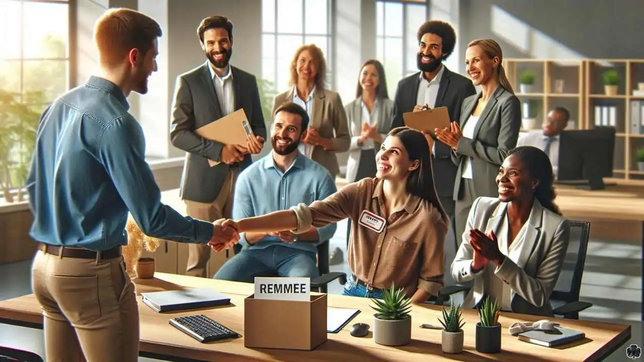 Ein/e neue/r Mitarbeiter/in wird herzlich von seinem/ihrem Team im Büro begrüßt.