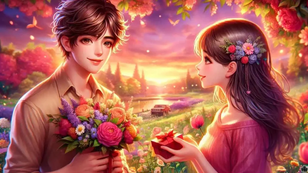 Ein kleiner Junge hält einen Strauß leuchtender Blumen in der Hand, seine Augen sind zart und sein Lächeln echt. Seine Freundin steht in der Nähe, ihr Gesicht strahlt vor Glück und Liebe.