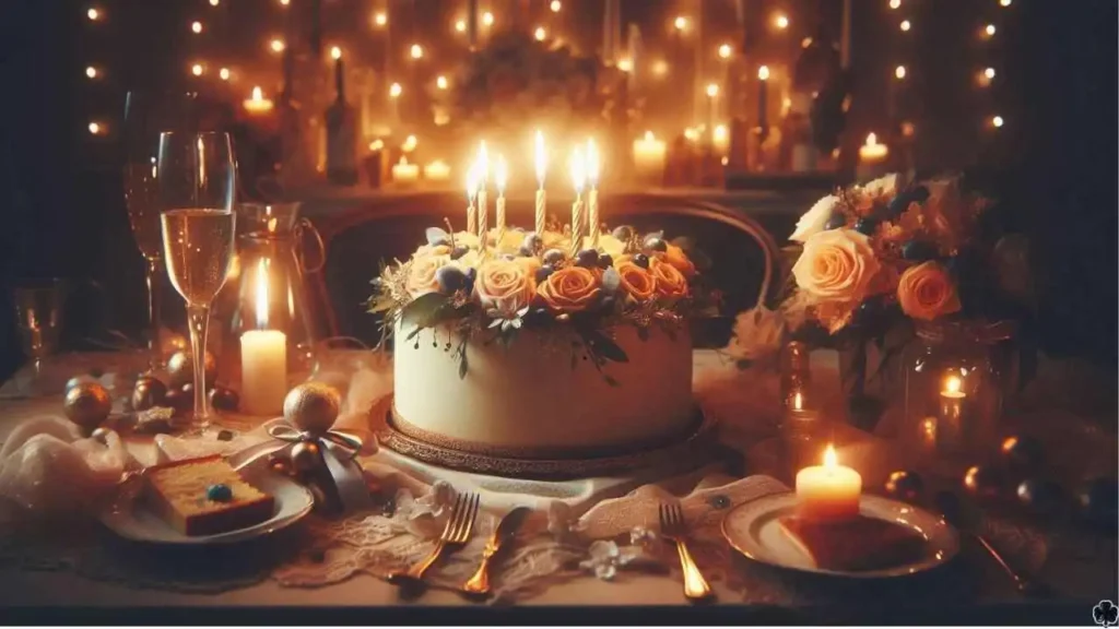 Geburtstagskuchen mit brennenden Kerzen, umgeben von lieben Menschen in einer warm beleuchteten Feier-Szene.