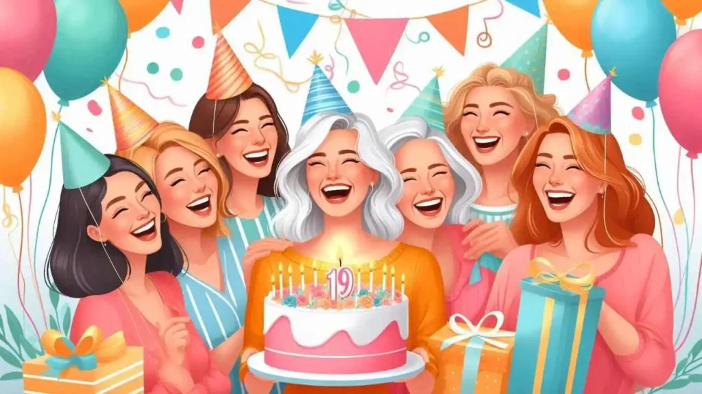 Eine Gruppe von Frauen lacht zusammen und feiert einen Geburtstag. Eine hält einen Kuchen mit brennenden Kerzen, andere tragen Partyhüte und halten Luftballons.