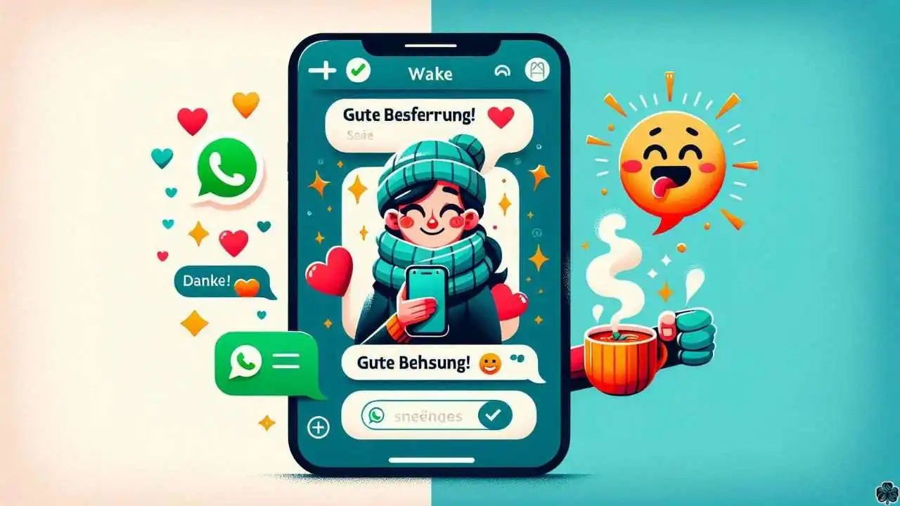 Gute Besserung-Wünsche auf WhatsApp: Geteilter Telefonbildschirm mit einer lustigen "Gute Besserung"-Nachricht mit Emojis und einer glücklichen Person, die diese Nachricht erhält, in eine Decke gehüllt und lächelnd.