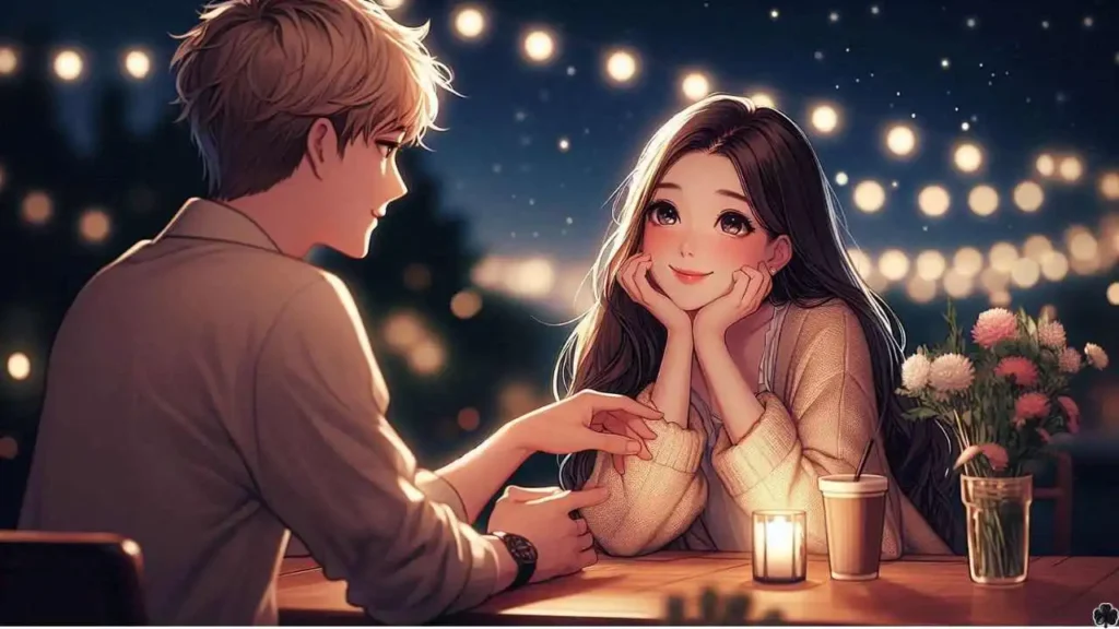 Ein Paar sitzt sich in einem gedämpft beleuchteten Café gegenüber. Die Frau schaut den Mann bewundernd an, ihre Hand hält sanft die seine.