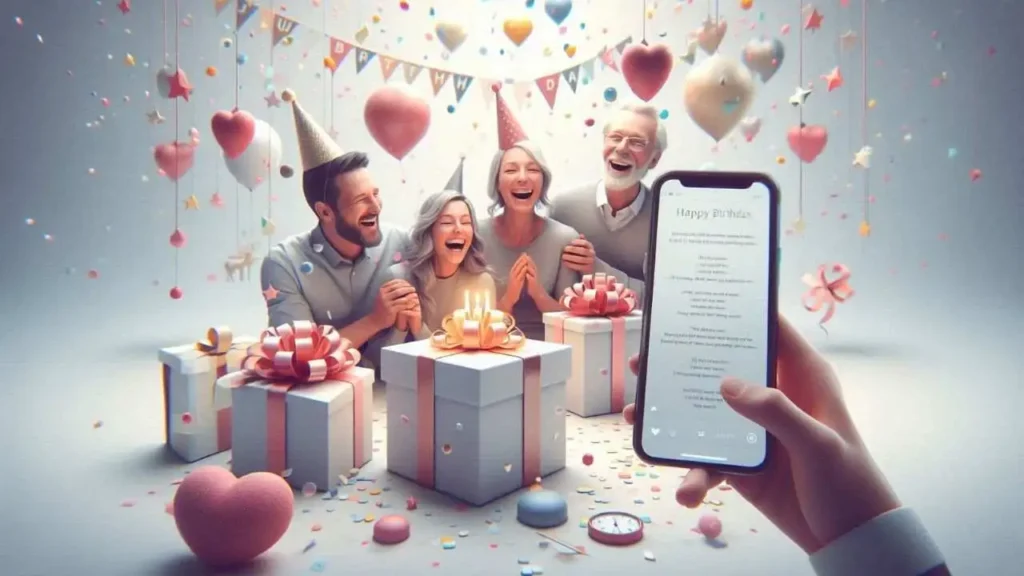 Zwei Generationen lachen und halten sich an den Händen, um ein schön verpacktes Geschenk. Konfetti regnet herunter, Herzen und Sterne wirbeln. Ein Smartphone zeigt ein Geburtstagsgedicht an.