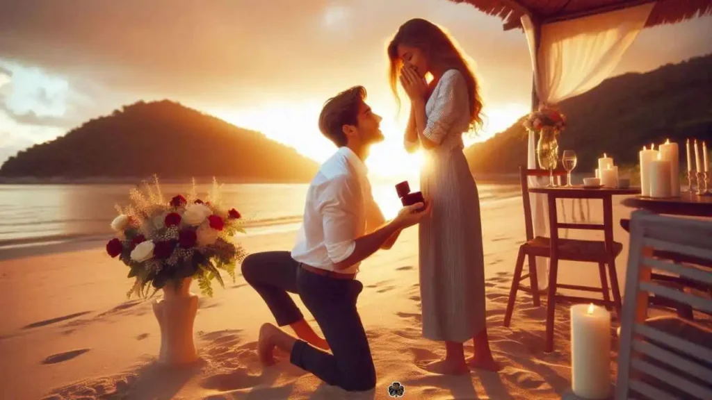 Ein junges Paar bei Sonnenuntergang an einem Strand. Der Junge macht ihr einen Heiratsantrag und hält eine Samtschachtel in der Hand, während das Mädchen vor Überraschung und Freude die Hände faltet.