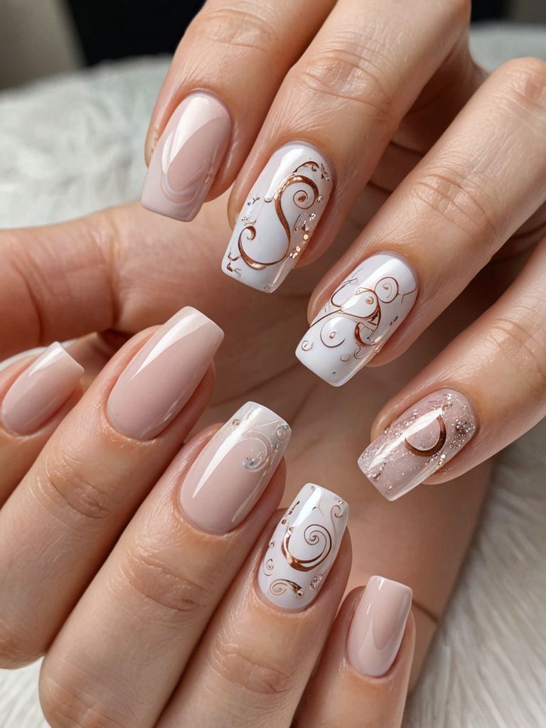 Kurze, squovale Nägel in Beige mit feinen roségoldenen Swirls.