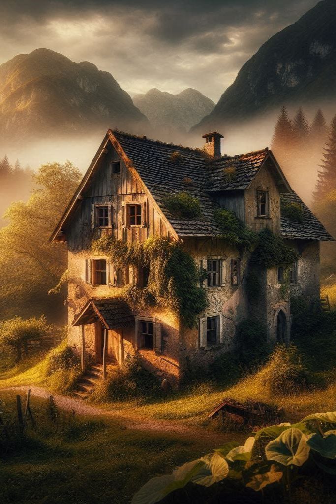 Ein altes, verlassenes Haus, umgeben von dichten, nebligen Wäldern und hoch aufragenden Bergen, getaucht in das goldene Licht der untergehenden Sonne.