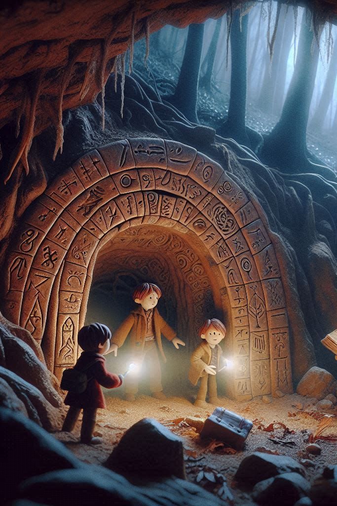 Vier Kinder erkunden eine mystische Höhle, die mit alten Symbolen geschmückt ist. Ein magisches Licht geht von einer alten Truhe in der Ecke aus. 