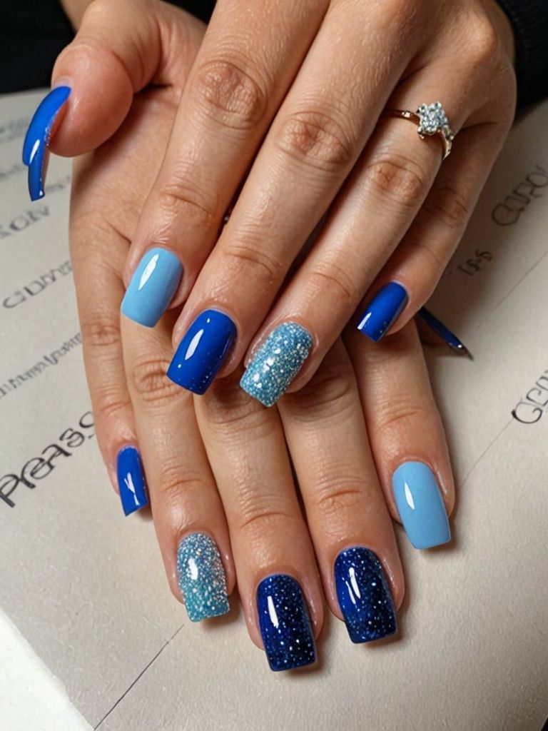  Lange quadratische Nägel mit einem blauen Glitzer-Ombre-French und Kristall-Akzenten.
