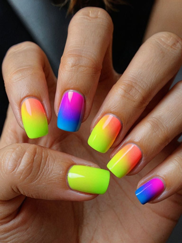 Kurze quadratische Nägel mit einem auffälligen Neon-Gradient-French-Tip und einem matten Finish.
