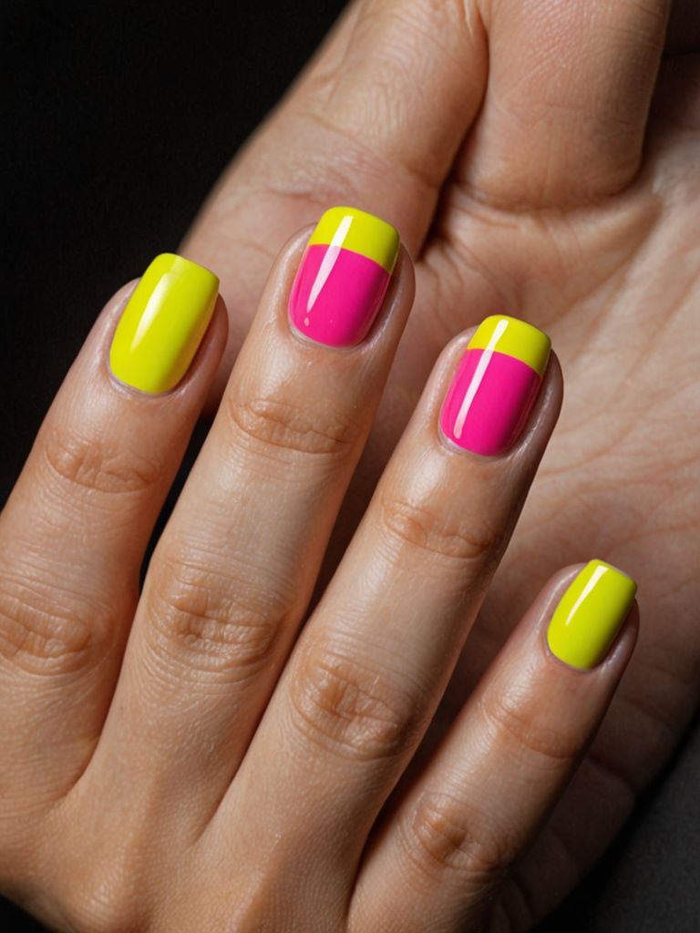 Klassische French Maniküre mit einem neonfarbenen Twist: Pink, Gelb und Orange Nagelspitzen.