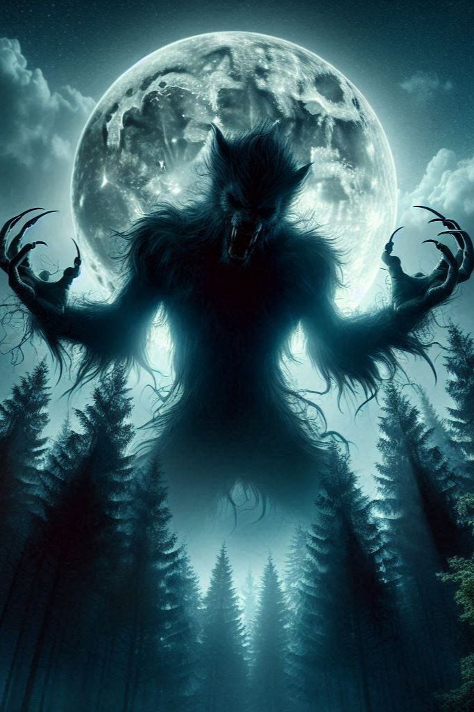 Ein großer, dunkler Werwolf mit glühenden Augen lauert in den Schatten.