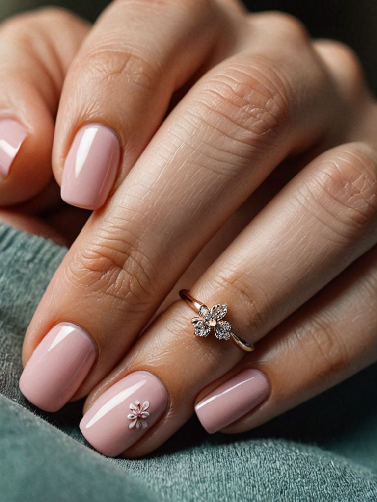 Kurze rosa Nägel mit zartem weißen Blumenmuster auf dem Ringfinger für einen romantischen Look.