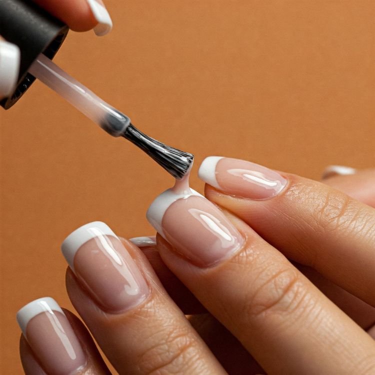 Nahaufnahme einer Hand, die einen dicken, glänzenden Überlack auf die fertigen French Manicure-Nägel aufträgt.