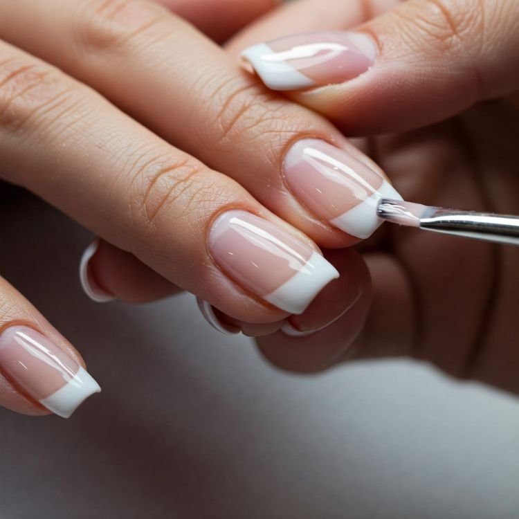 Mit der Hand zwei dünne Schichten Überlack auf die Nägel der French Manicure auftragen, um ein glänzendes Finish zu erzielen.