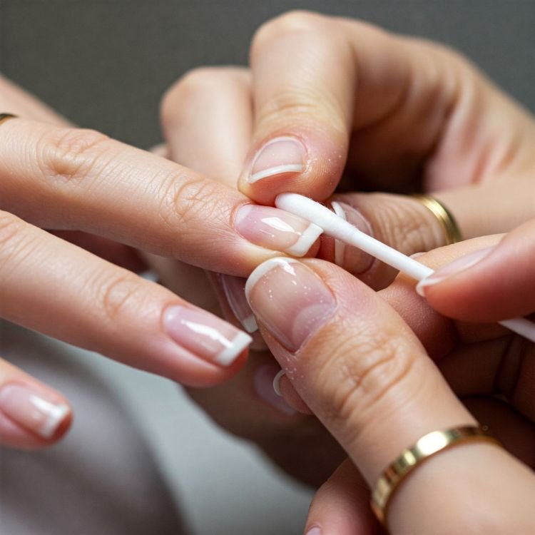 Nahaufnahme einer Hand, die ein in Nagellackentferner getauchtes Wattestäbchen benutzt, um die Ränder des Nagellacks zu reinigen.