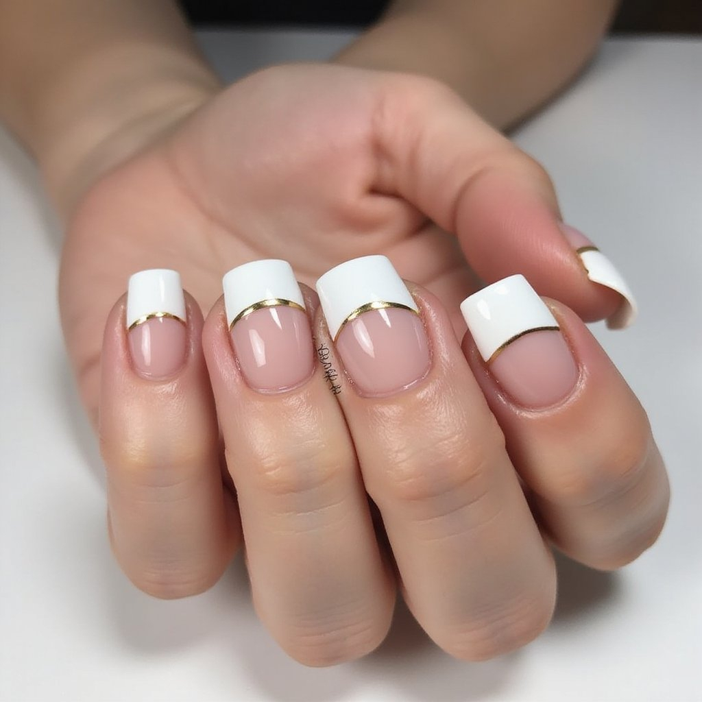 French Nails mit goldenem Streifen-Akzent.