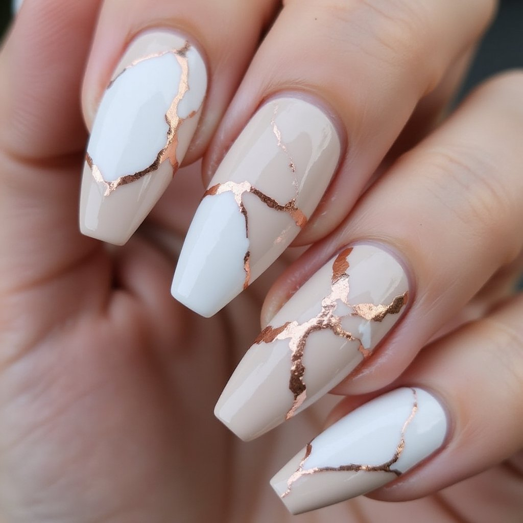 Kintsugi Nageldesign mit goldenen Linien.