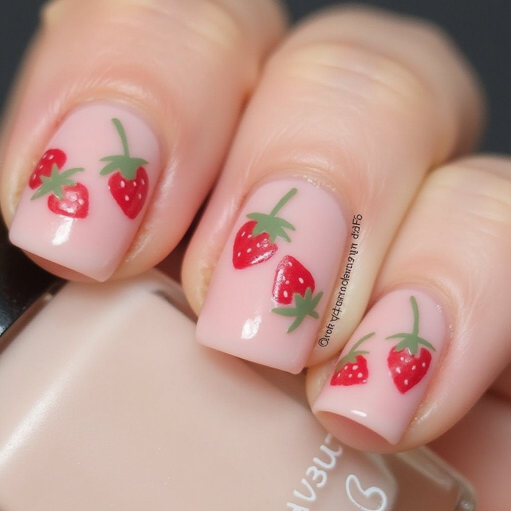 Niedliche Erdbeer-Nails auf zartrosa Untergrund.