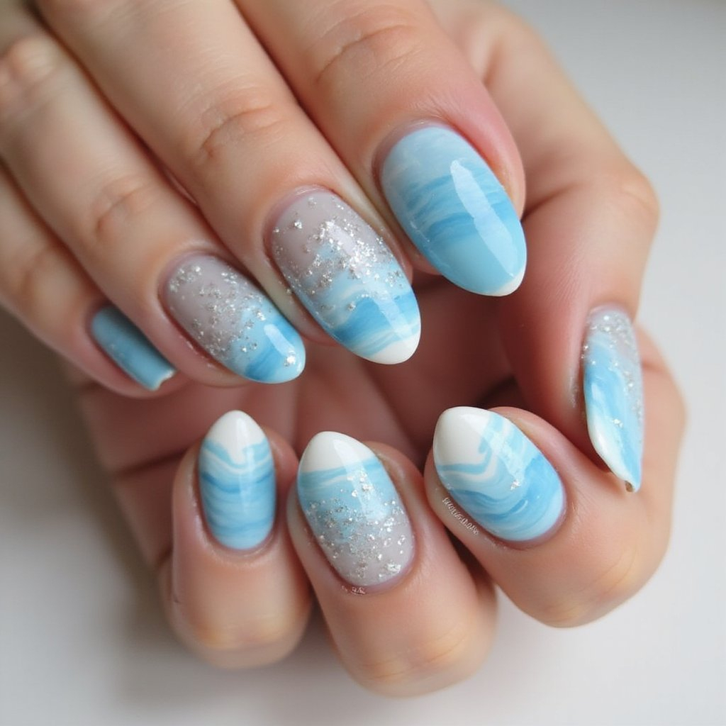 Blaue Marmor-Nägel mit silbernem Glitzer.