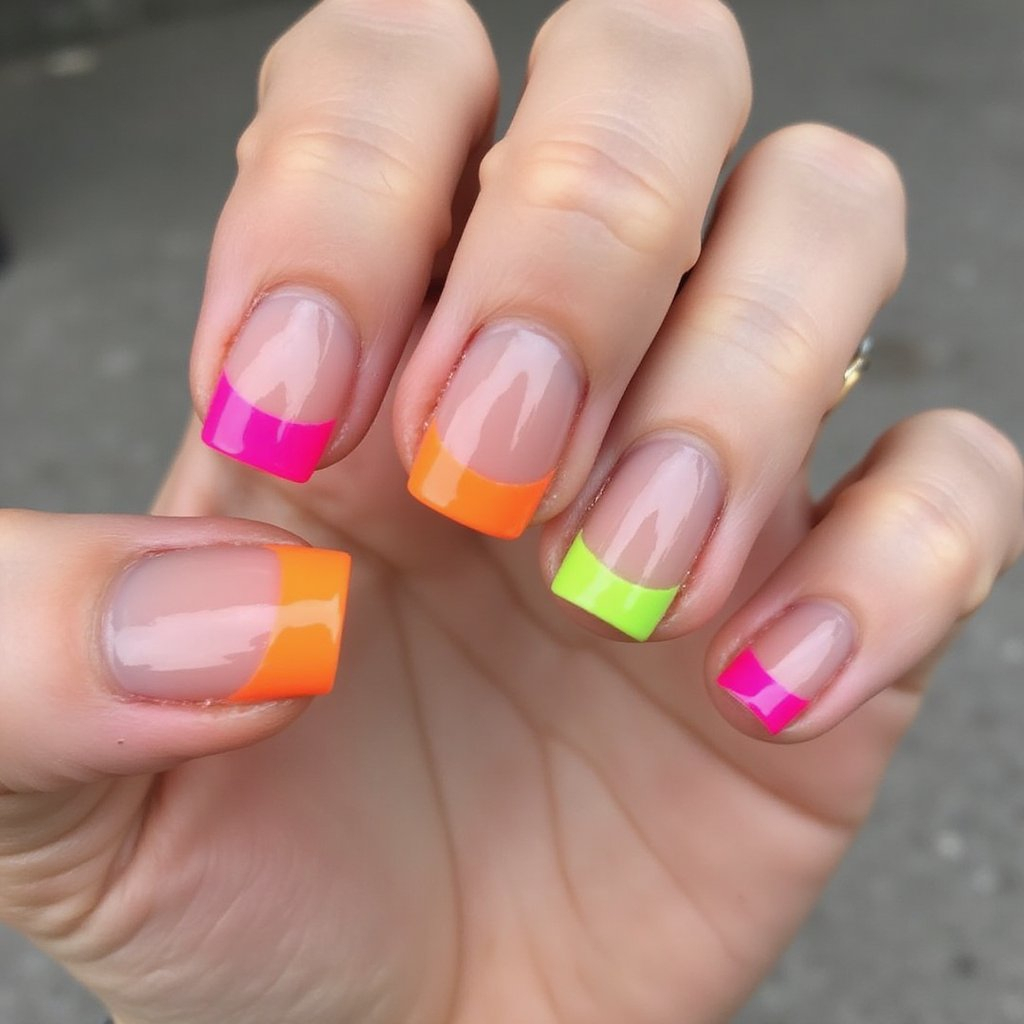 Neonfarbene French Nails in Pink, Orange und Grün.