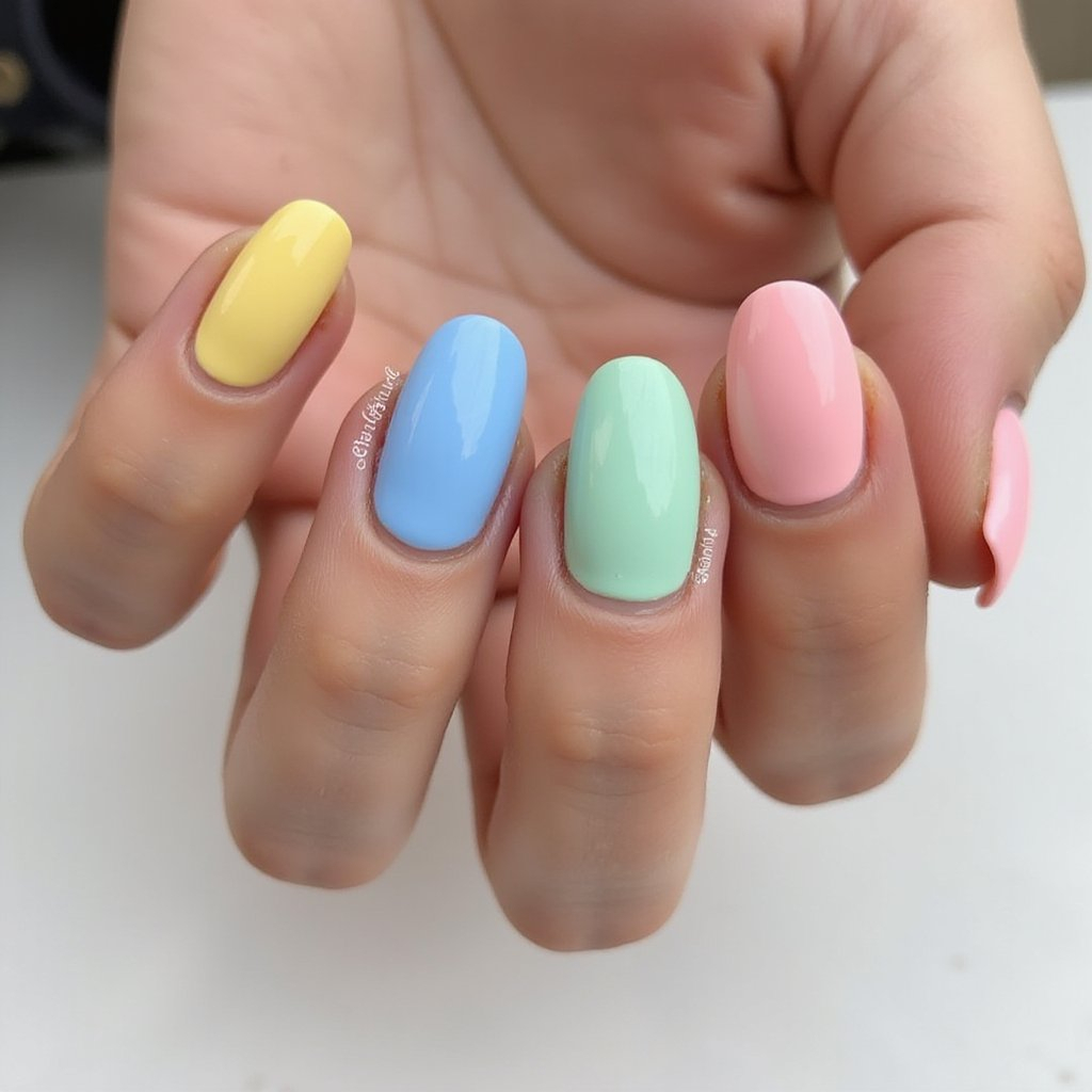 Pastellfarbene Nägel in Gelb, Blau, Grün und Rosa.