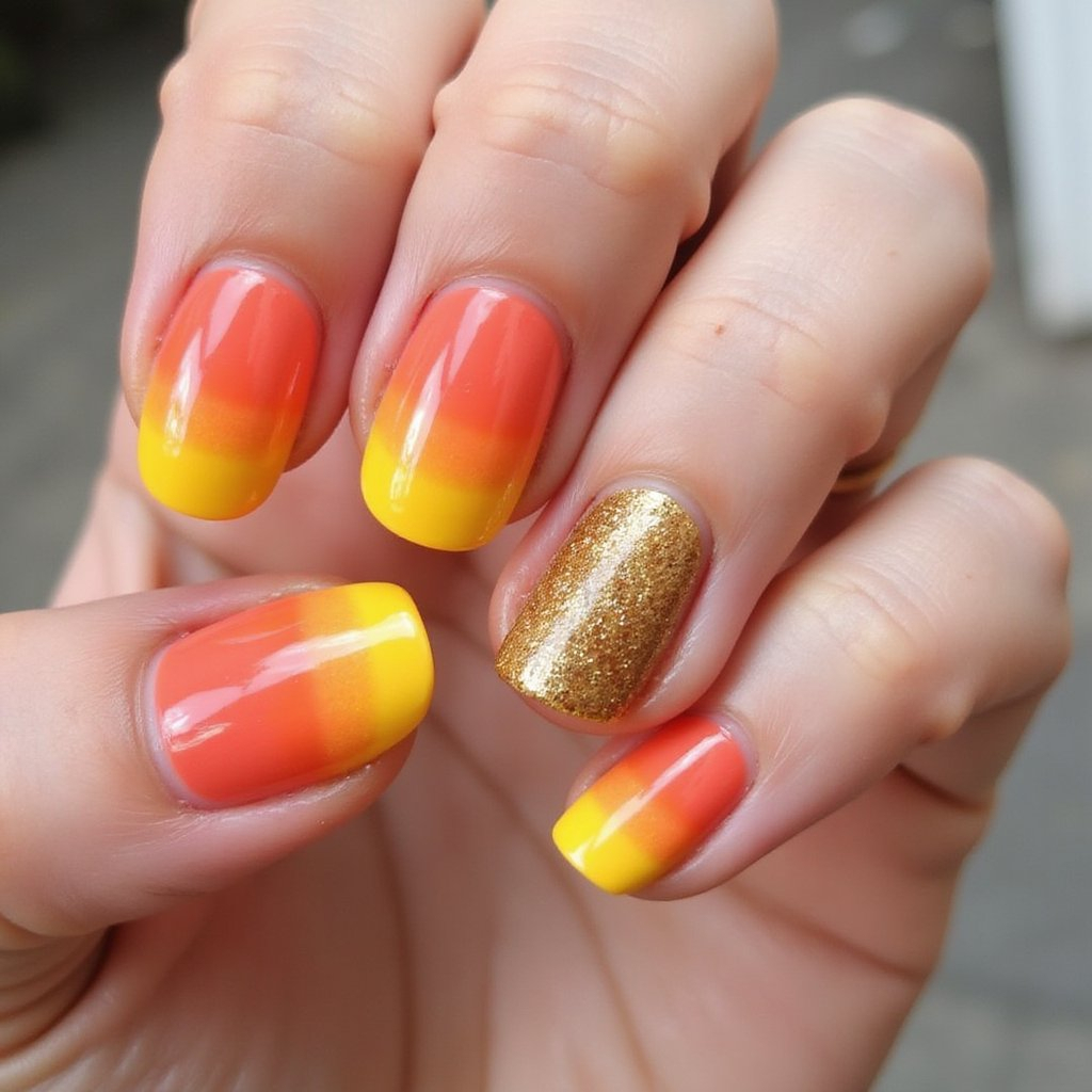 Candy Corn Ombre Nägel mit goldenem Glitzer.