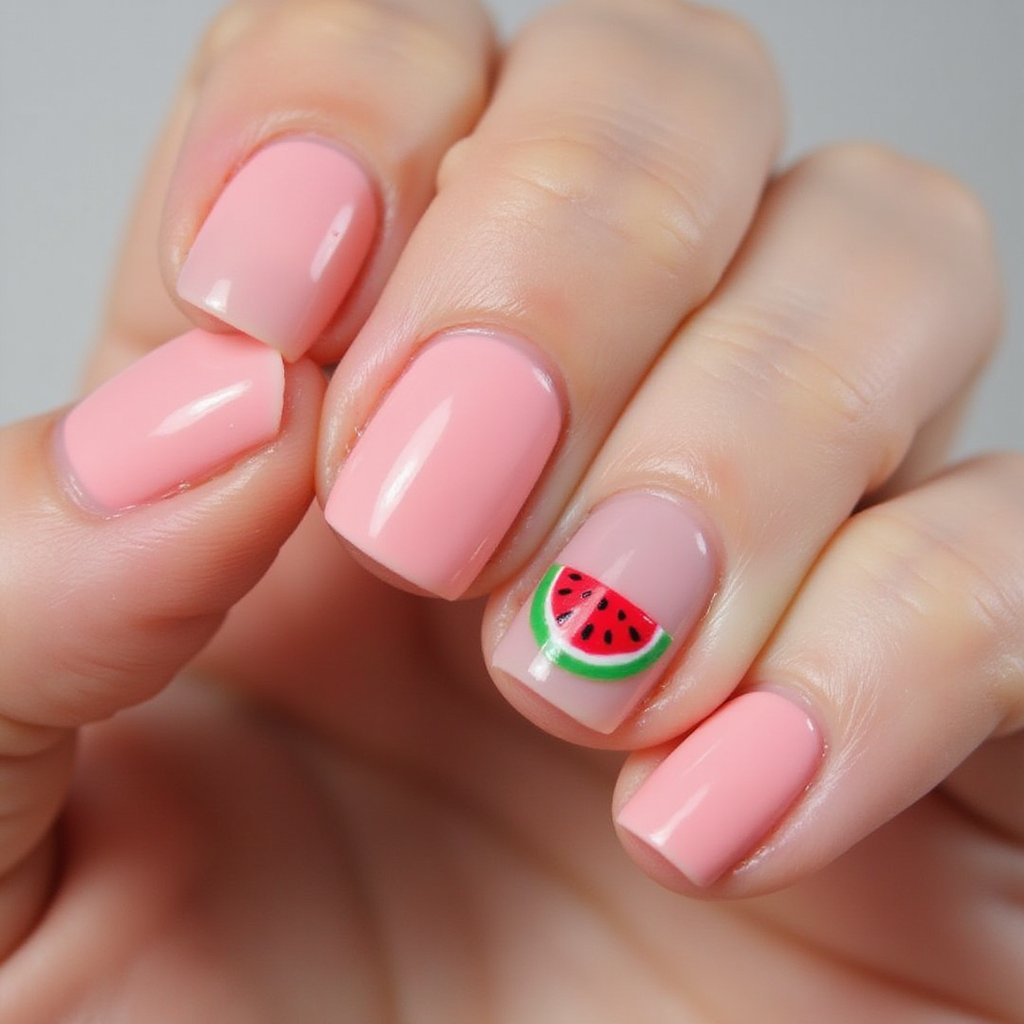 Rosa Nägel mit einem Wassermelonen-Akzentnagel.