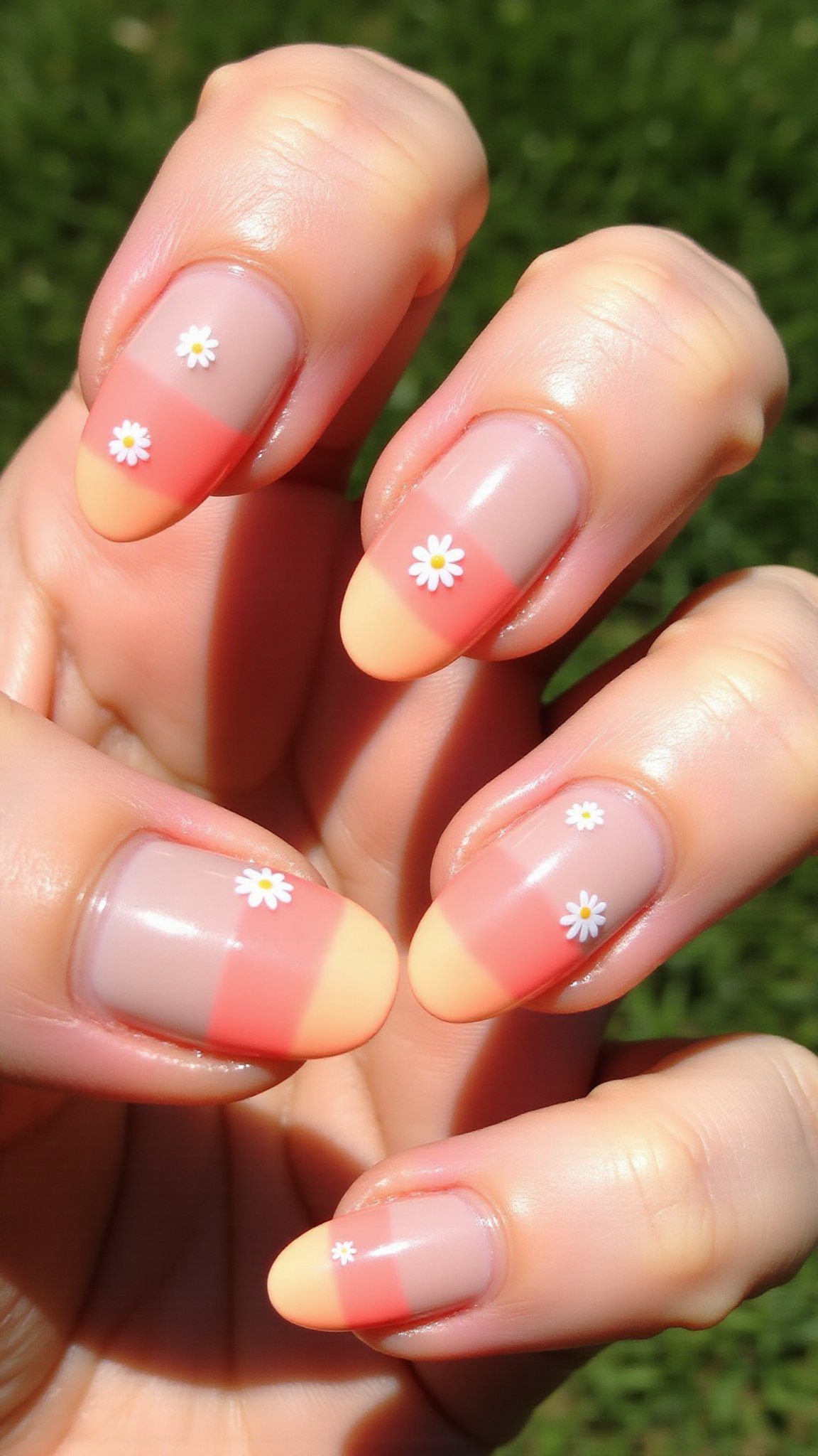 French Nails mit weißen Gänseblümchen-Akzenten.