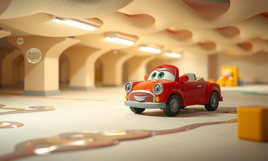 Das kleine Spielzeugauto parkt im Traumland-Parkhaus
