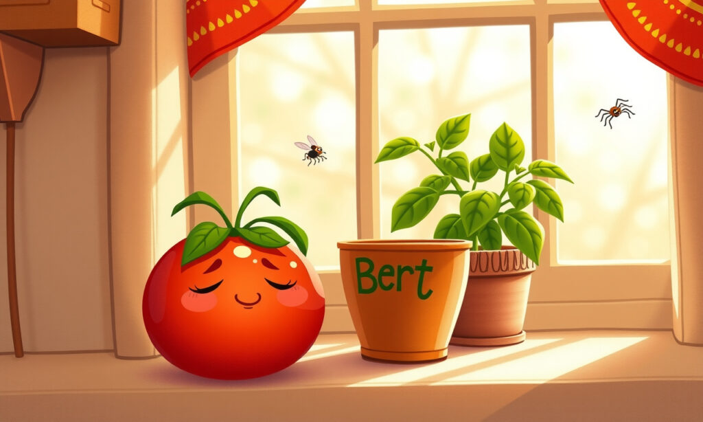 Die schläfrige Tomate auf der Fensterbank