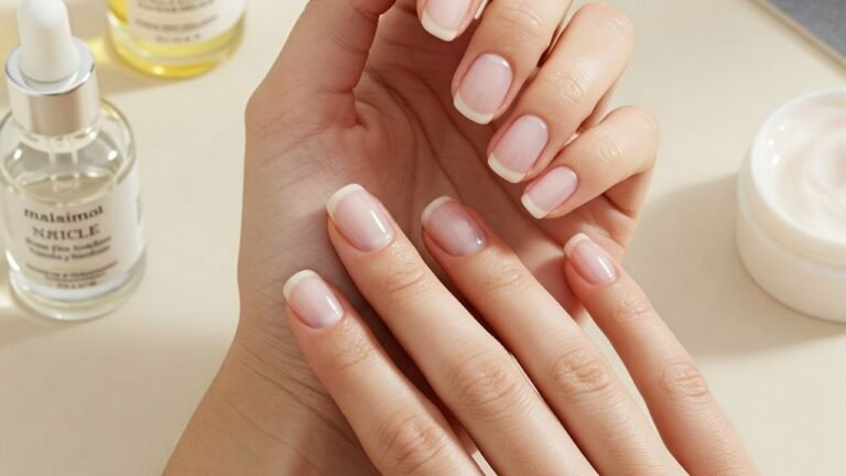 Gepflegte Hände mit glänzenden, gesunden Nägeln, umgeben von Nagelpflegeprodukten wie Ölen, Creme und einer Nagelfeile.