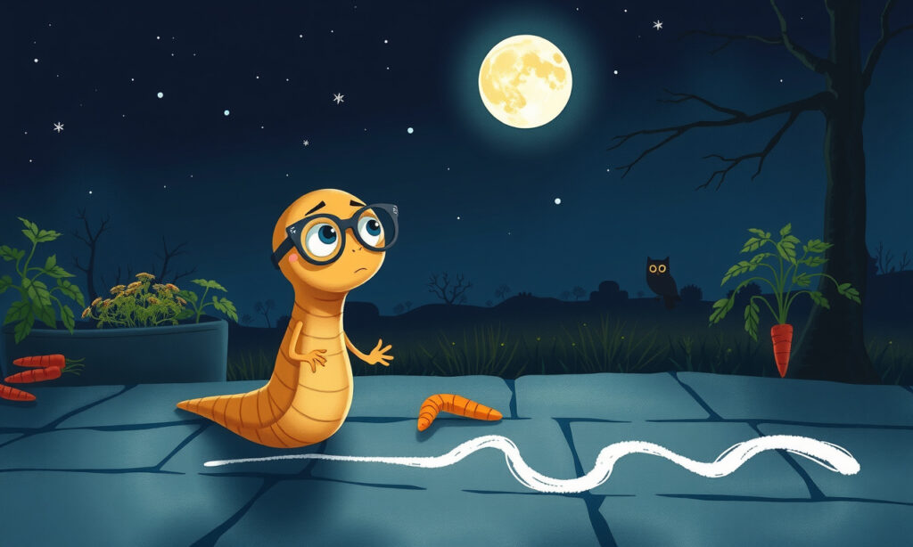 Herr Kringel, der Regenwurm, malt Streifen auf die Nacht