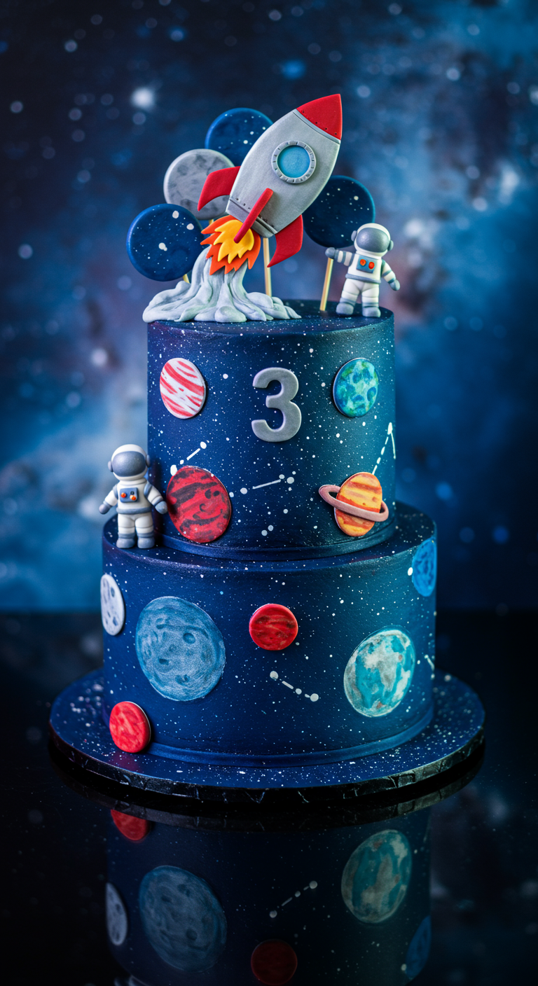 Zweistöckige Weltraum-Torte mit Rakete, Astronauten und Planeten.