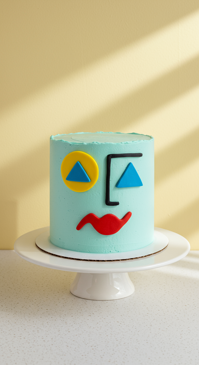 Türkise Torte mit einem abstrakten Gesicht aus bunten Fondant-Formen.