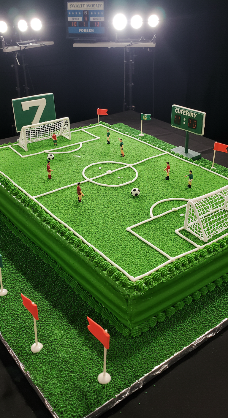Fußballfeld-Kuchen mit grüner Buttercreme, Toren und Spielfiguren.