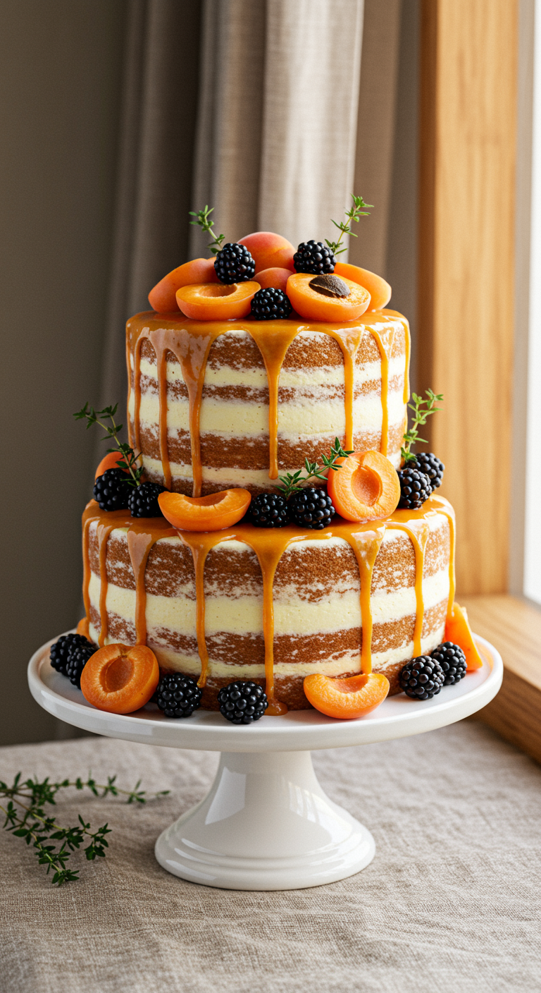 Zweistöckige Torte mit Karamell-Drip, Aprikosenhälften, Brombeeren und Thymian.