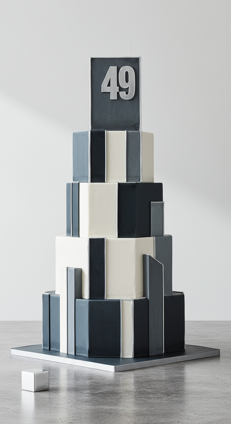 Mehrstöckige Torte aus geometrischen Blöcken in Grau, Weiß und Schwarz mit Silberakzenten.