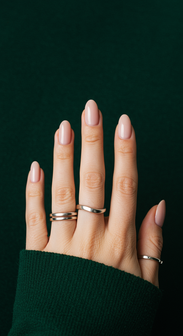 Ovale, sehr hellrosa, fast transparente Nude-Nägel mit Ringen.