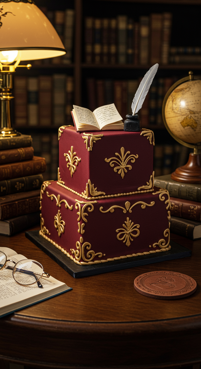 Bordeauxrote Torte mit Gold-Ornamenten, Buch-Topper.