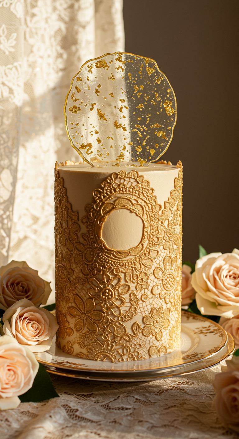 Hohe Torte mit goldener essbarer Spitze, Rosen und einem klaren Topper mit Goldflocken.