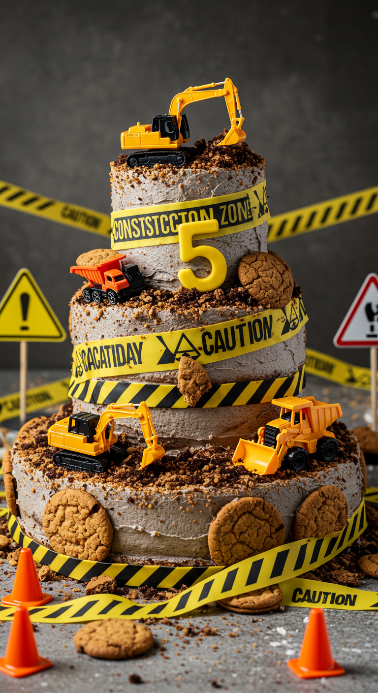 Mehrstöckige Baustellen-Torte mit Schokokrümeln, Spielzeug-Baggern und Absperrband.
