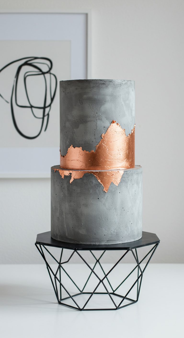 Zweistöckige Torte in grauer Beton-Optik mit kupferfarbenem Akzent.