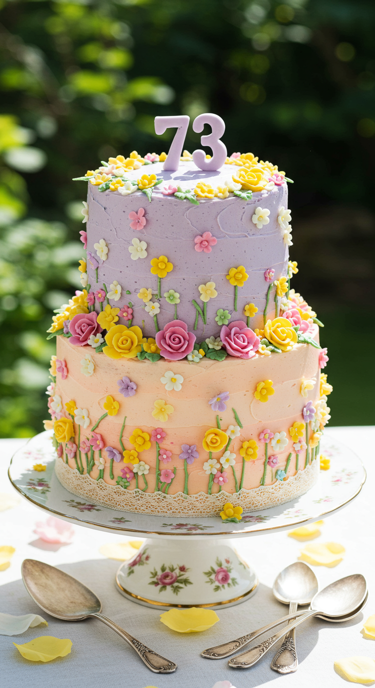 Zweistöckige Pastelltorte (lila, pfirsich) üppig mit kleinen Zuckerblumen verziert.
