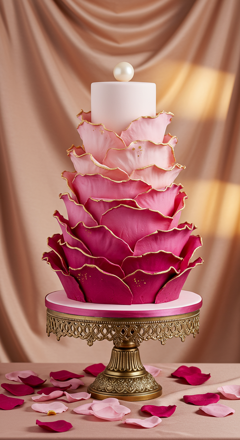 Mehrstöckige rosa-pinke Ombré-Blütenblatt-Torte mit goldenen Rändern, Perle obenauf.