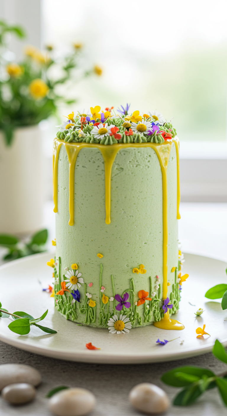 Grüne Torte mit gelbem Drip und aufgespritzten bunten Wildblumen.