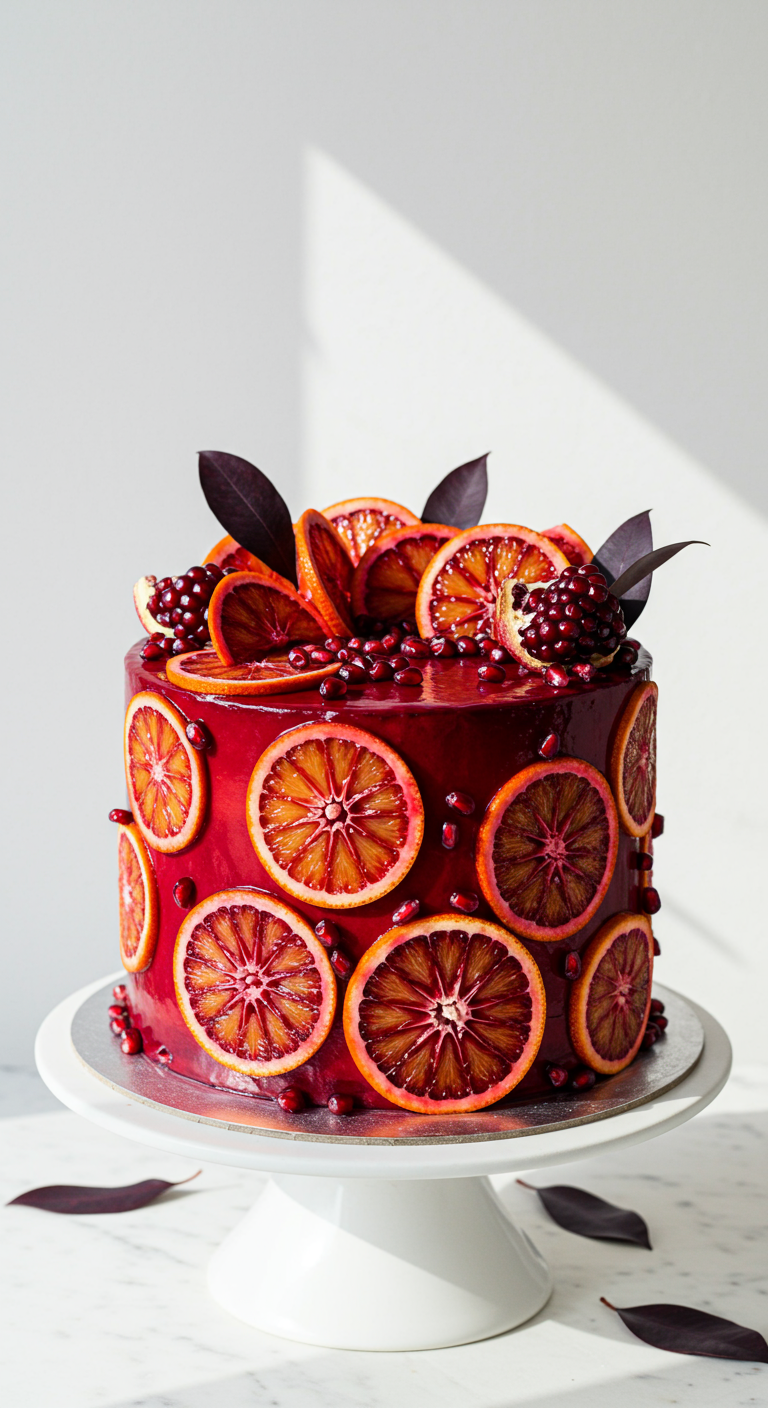 Rote Torte intensiv dekoriert mit Blutorangenscheiben und Granatapfelkernen.