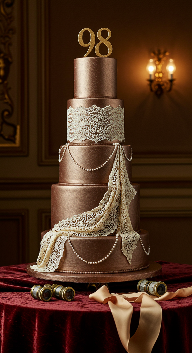 Hohe bronzefarbene Torte mit essbarer Spitze, Perlen und Zahl 98.
