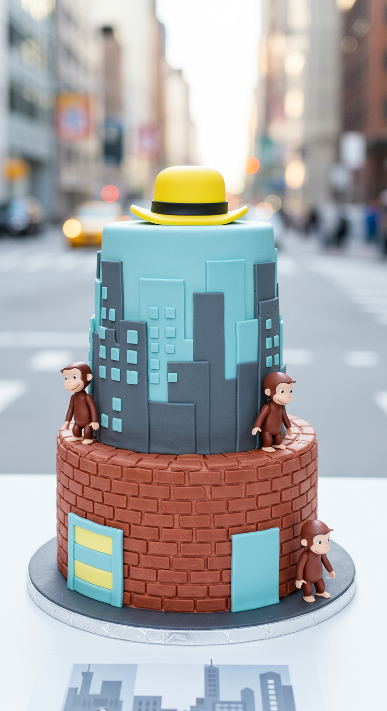Zweistöckige Coco der neugierige Affe Torte mit Skyline, Ziegelmauer und gelbem Hut.