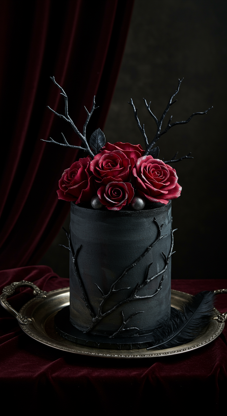 Schwarze Torte mit tiefroten Zuckerrosen, schwarzen Zweigen und silbernen Akzenten.