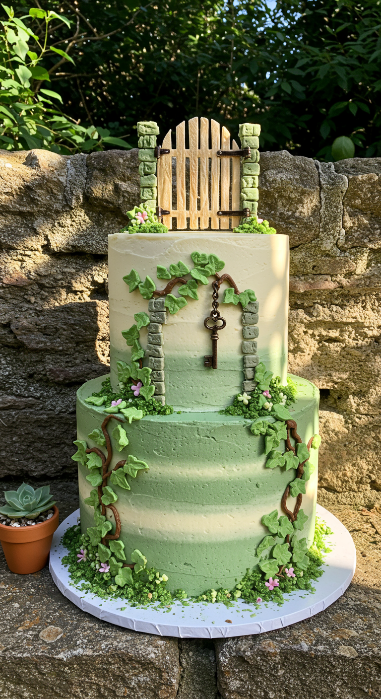 Zweistöckige Torte mit Gartentor-Motiv, Efeuranken und Steinoptik aus Buttercreme.